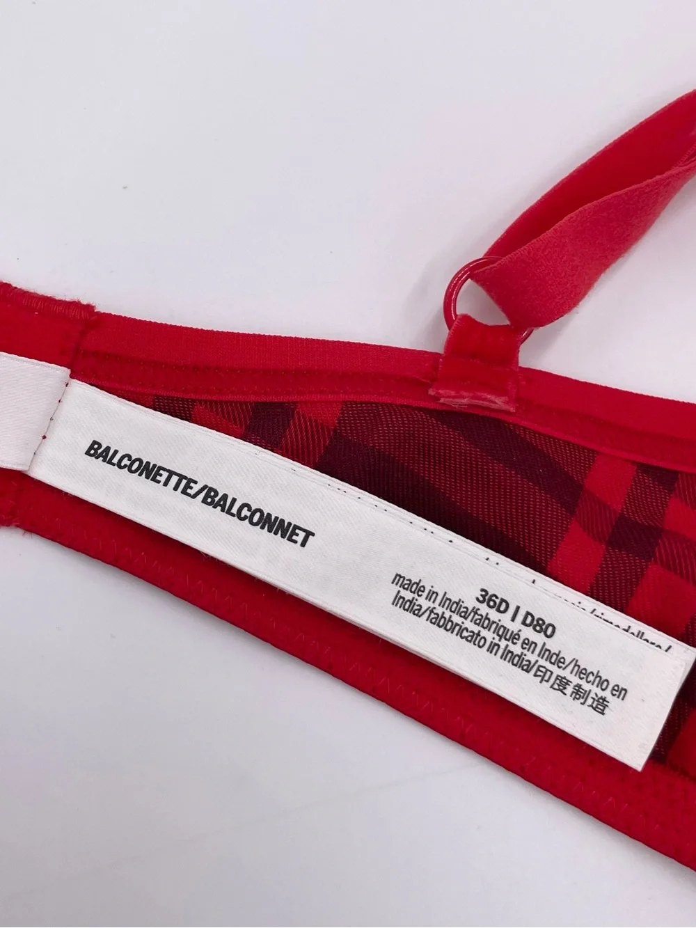 PINK Victoria's Secret Festive Flannel Unlined Balconette Bra Size 36D Red Plaid